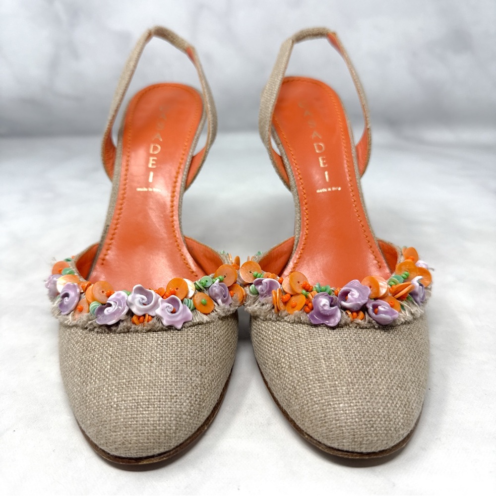 CASADEI Vintage Y2K Shell Beaded Burlap Canvas Leather Slingback Heels 2000s 8.5 - Picture 6 of 16
